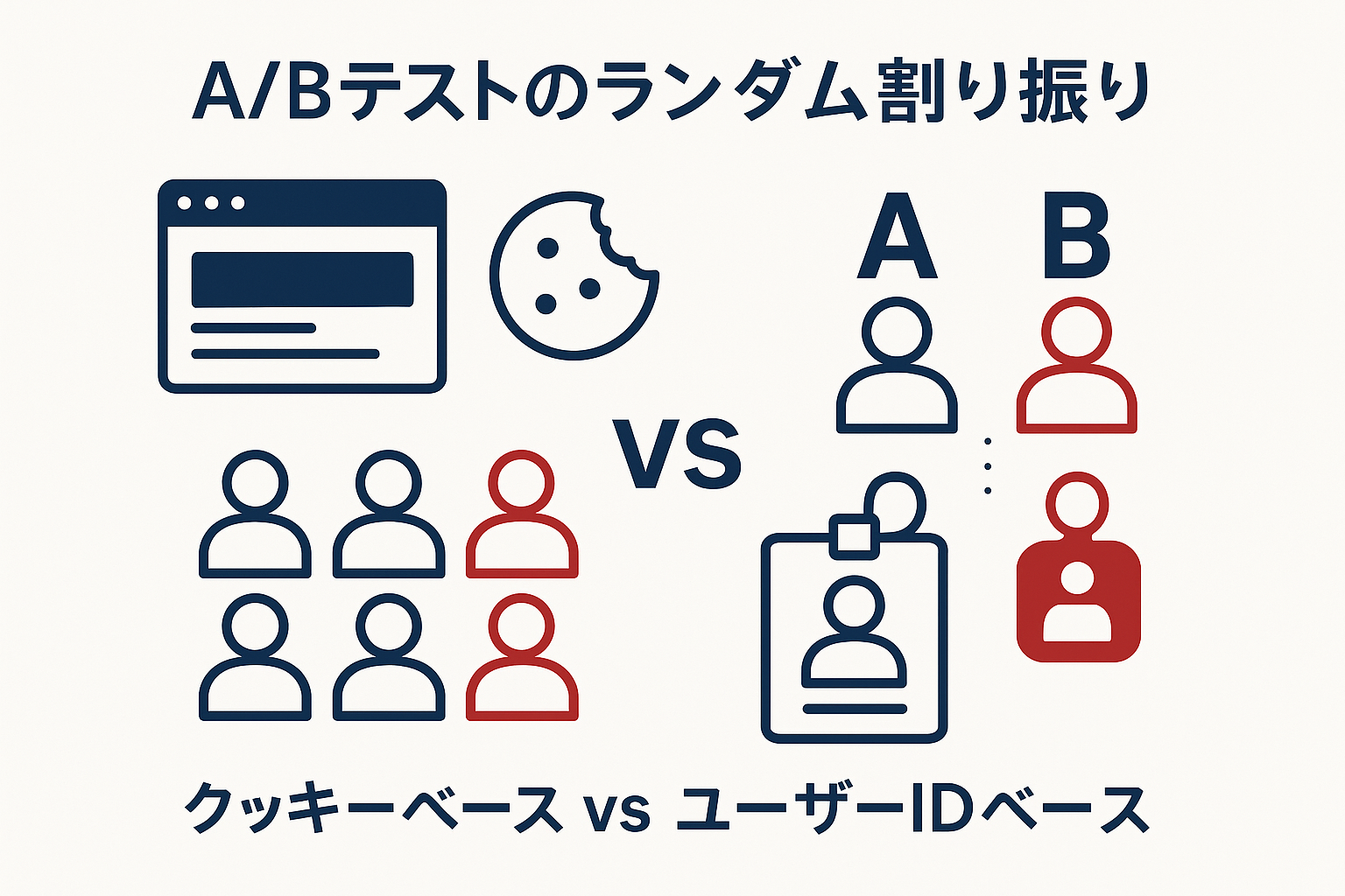 ABテストのランダム割り振り：クッキーベース vs ユーザーIDベースのイメージ図