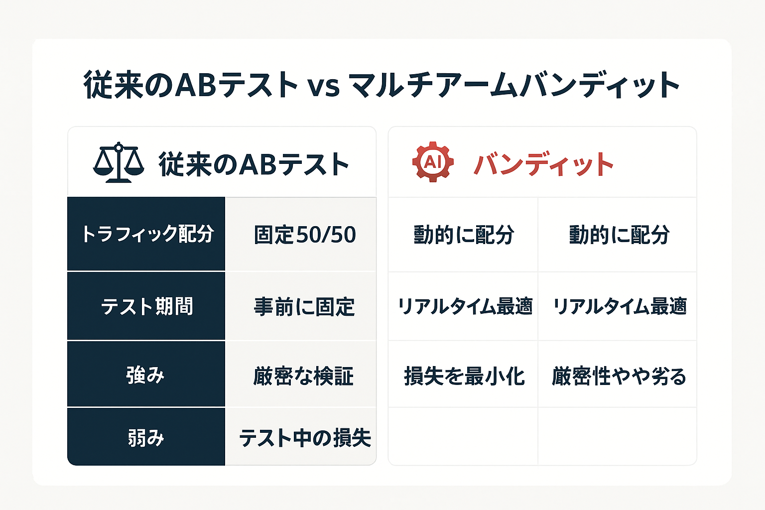 従来のABテストとマルチアームバンディットをトラフィック配分やテスト期間などで比較した図