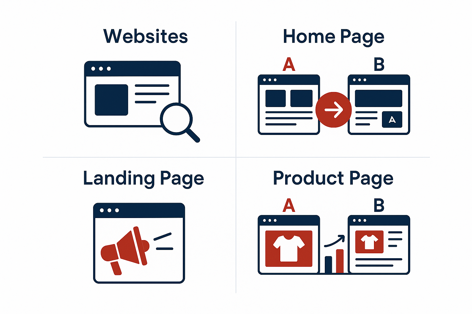 Webサイト種別ごとのABテスト優先ページのイメージ図