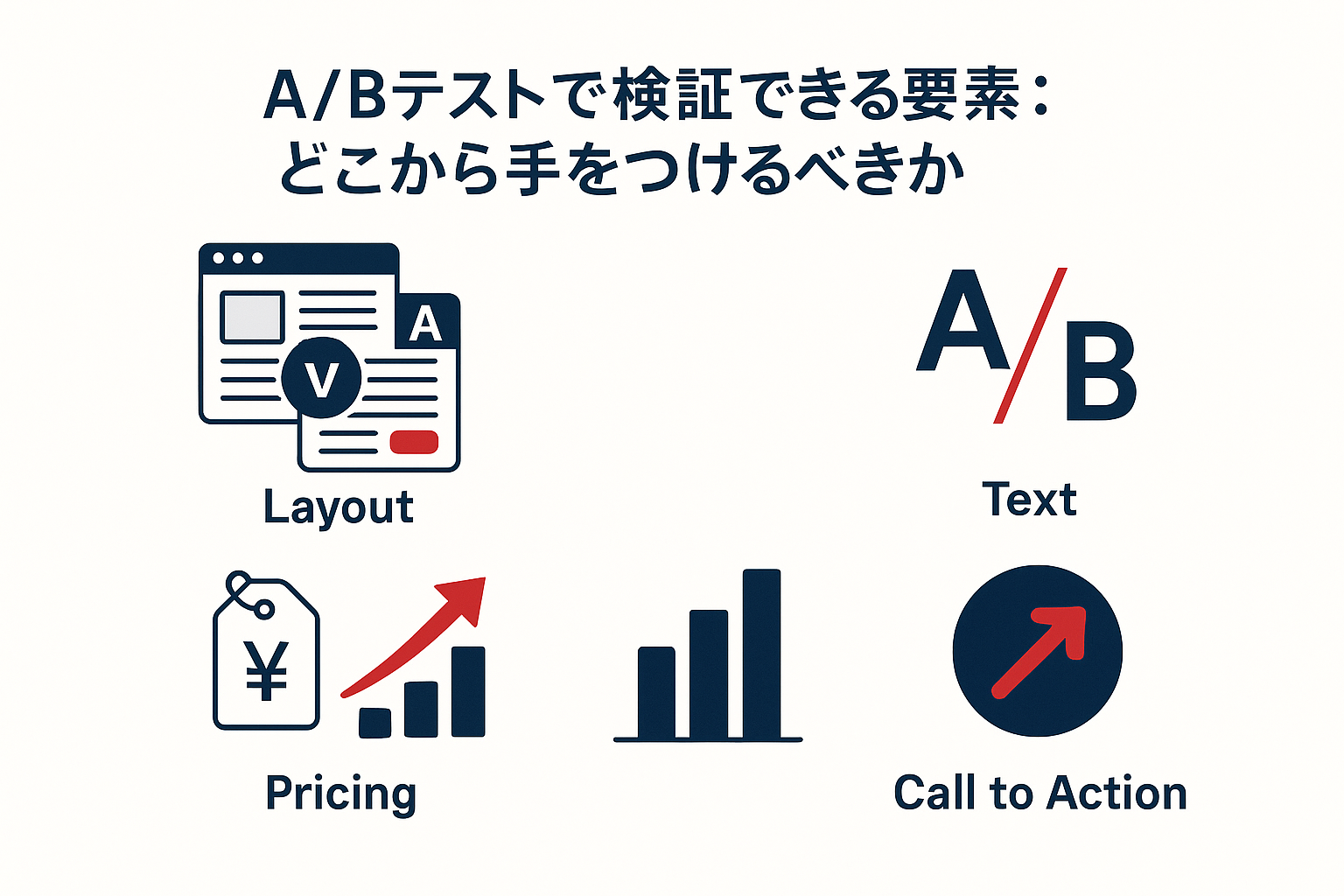 A/Bテストで検証できる要素:どこから手をつけるべきかのイメージ図
