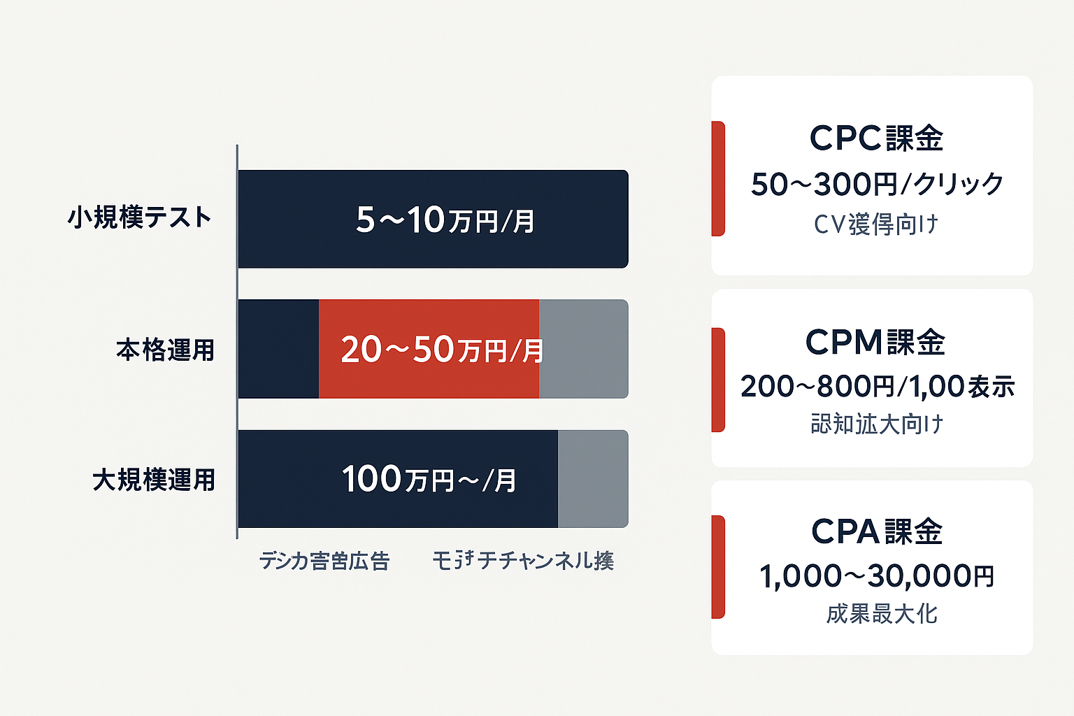 リターゲティング広告の費用構成を示すインフォグラフィック。左側に月間予算の目安を3段階の積み上げ棒グラフで表示(小規模5〜10万円、本格運用20〜50万円、大規模100万円以上)。右側にCPC・CPM・CPAの3つの課金モデル別単価相場をカード形式で表示。