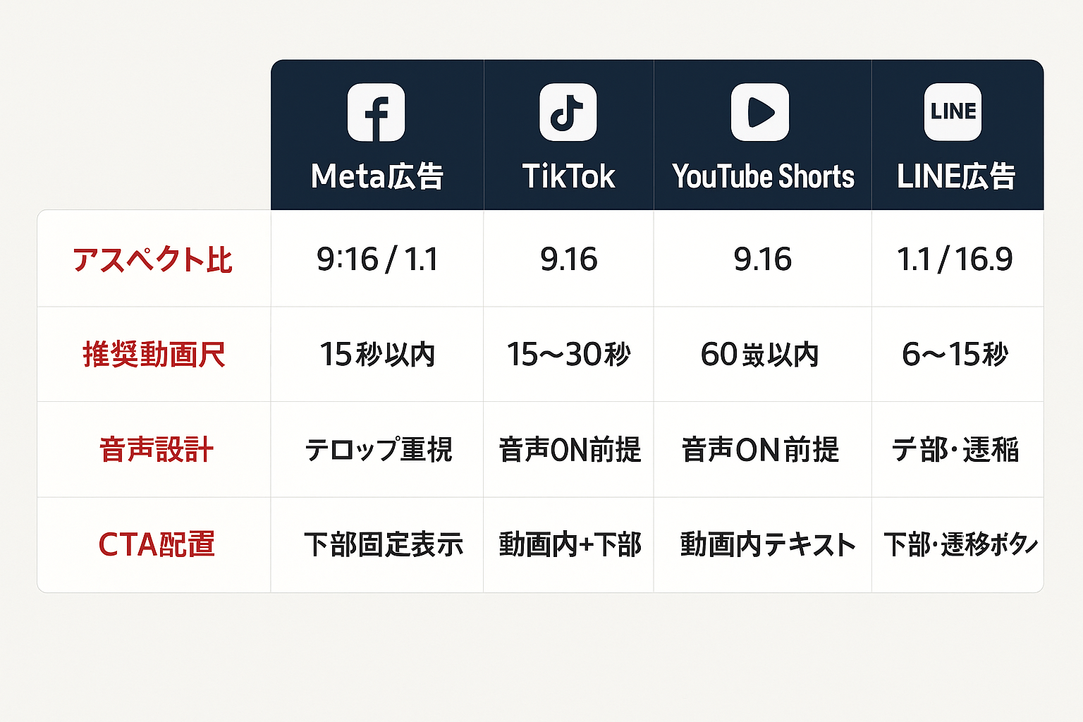 Meta広告・TikTok・YouTube Shorts・LINE広告の4媒体におけるSNS広告動画の推奨アスペクト比・動画尺・音声設計・CTA配置を比較した一覧表