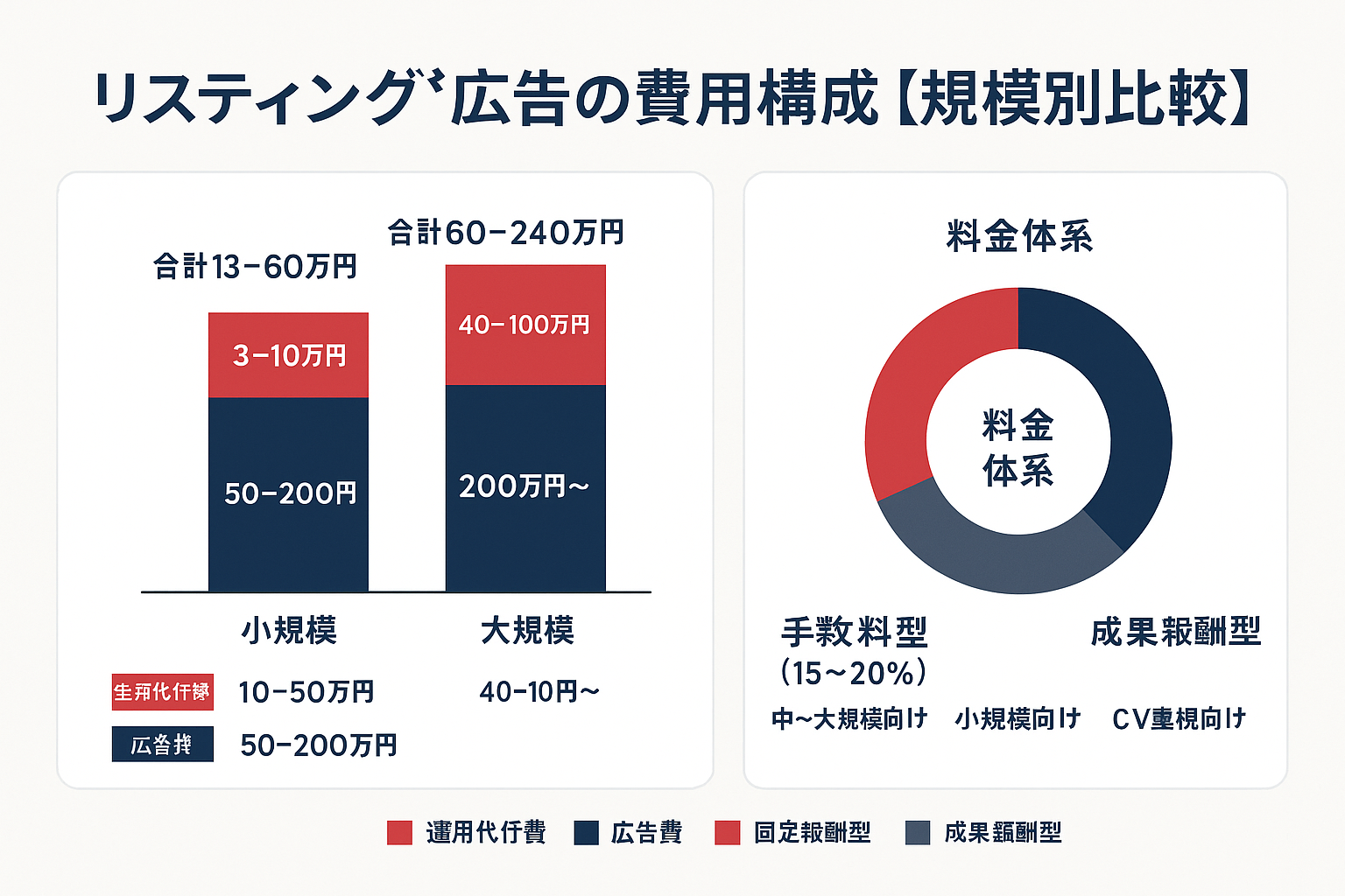リスティング広告の費用構成を規模別に比較した積み上げ棒グラフと料金体系別のドーナツチャート。小規模は合計13〜60万円、中規模は60〜240万円、大規模は240万円以上。料金体系は手数料型・固定報酬型・成果報酬型の3種類を表示。