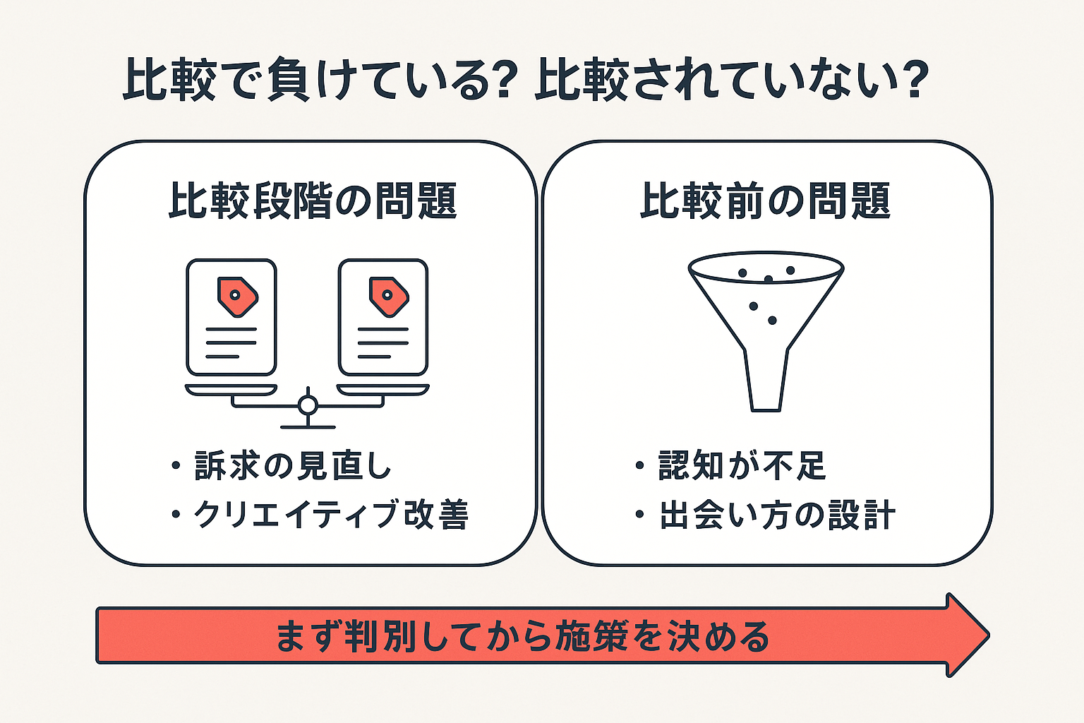 比較段階で負けているのか、そもそも比較されていないのかを判別する一次診断の概念図