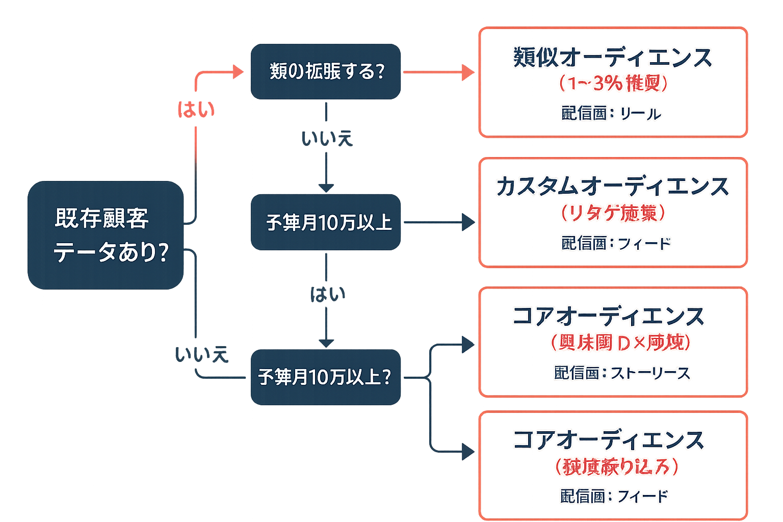 Instagram広告のターゲティング手法を選ぶ判断フローチャート。既存顧客データの有無、類似拡張の必要性、予算規模に応じて、類似オーディエンス・カスタムオーディエンス・コアオーディエンスの3種類と推奨配信面を提案する意思決定ツリー