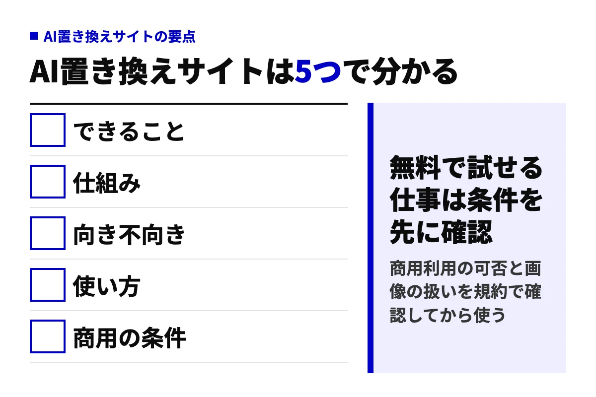 AI置き換えサイトを理解する5つの観点（できること・仕組み・向き不向き・使い方・商用の条件）を並べ、無料で試せるが仕事で使うなら条件を先に確認するという結論を示した要約図。