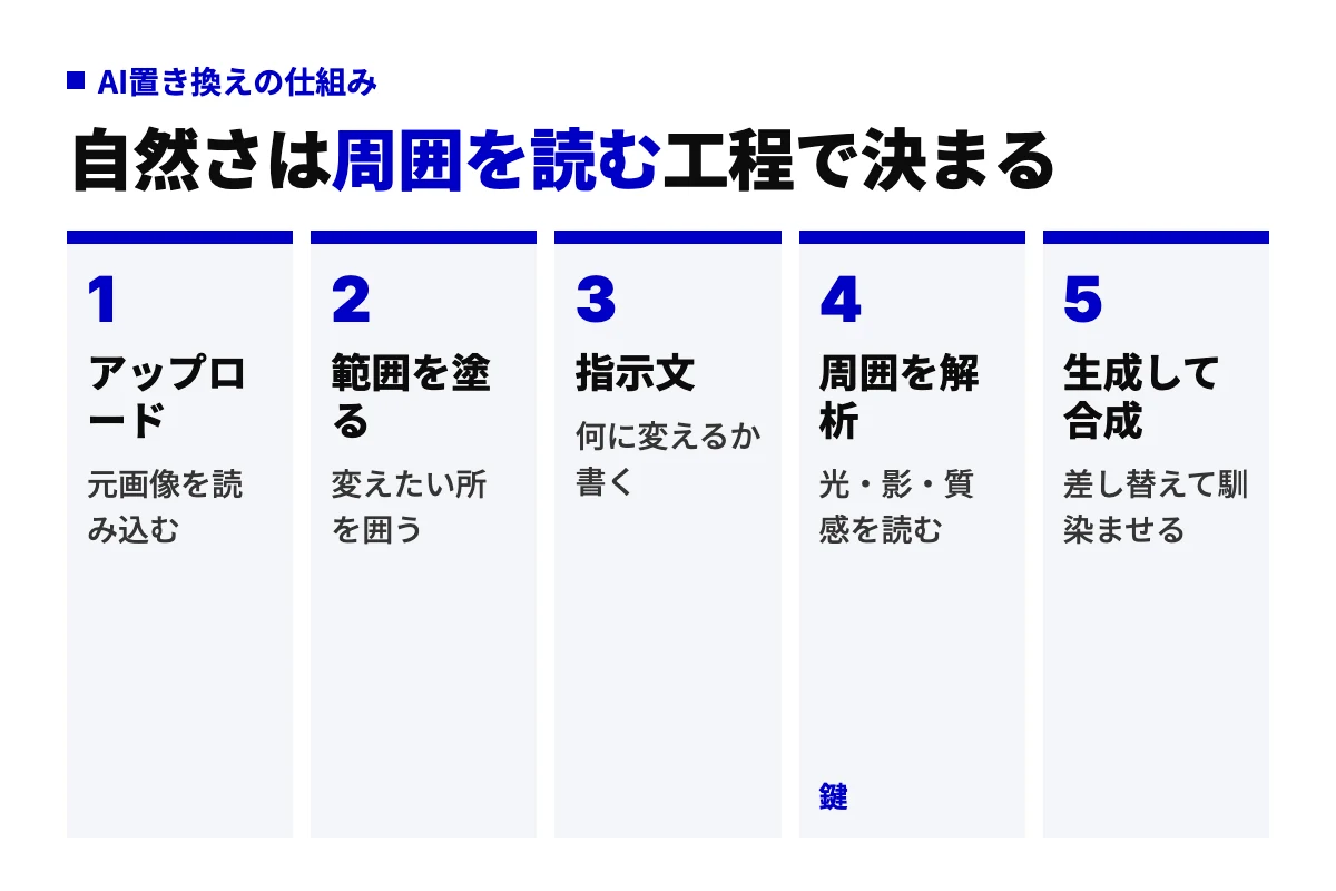 AI置き換えが動く5工程。元画像のアップロード、変えたい範囲をブラシで塗る、指示文を書く、AIが周囲の光や影や質感を解析する、生成して合成する、の順で進む。