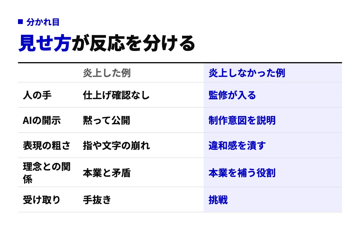 炎上したAI広告と炎上しなかったAI広告を、人の手、AIの開示、表現の粗さ、理念との関係、受け取られ方の5行で比較した表。制作意図を説明し人が仕上げた例は挑戦として受け取られたことを示す。