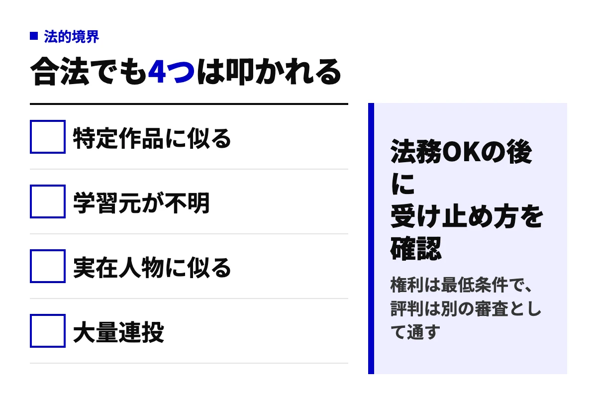 法的に問題がなくてもAI広告が批判される4つの条件を示した判定図。特定作品に似る、学習元が不明、実在人物に似る、大量連投のいずれかがあれば、法務確認の後に受け止め方の確認を行うルールを示す。