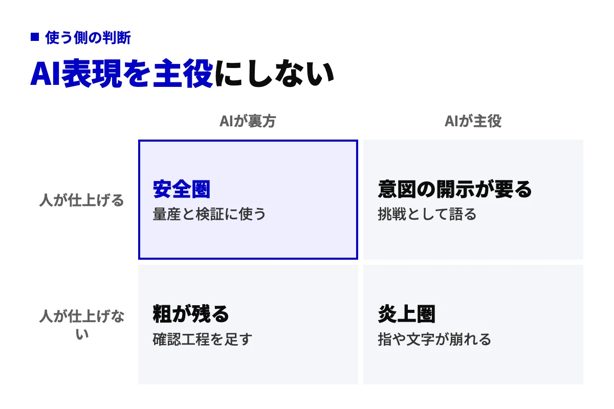AIが裏方か主役か、人が仕上げるか仕上げないかの2軸でAI広告の使い方を4つに分けた図。AIを裏方にして人が仕上げる領域が安全圏で、AIが主役で人が仕上げない領域が炎上圏であることを示す。
