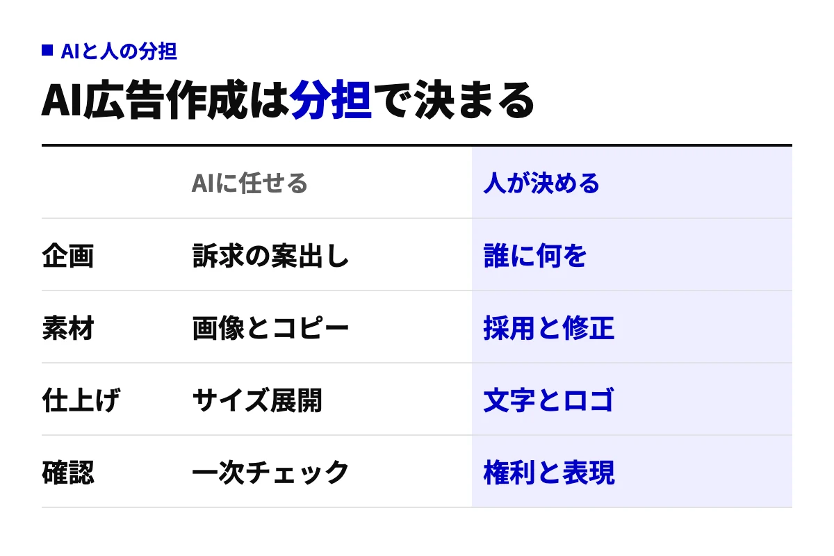 AI広告作成の分担表。企画・素材・仕上げ・確認の4工程について、AIに任せる作業と人が決める作業を2列で並べ、案出しと生成はAI、採用と権利確認は人が担うことを示した図
