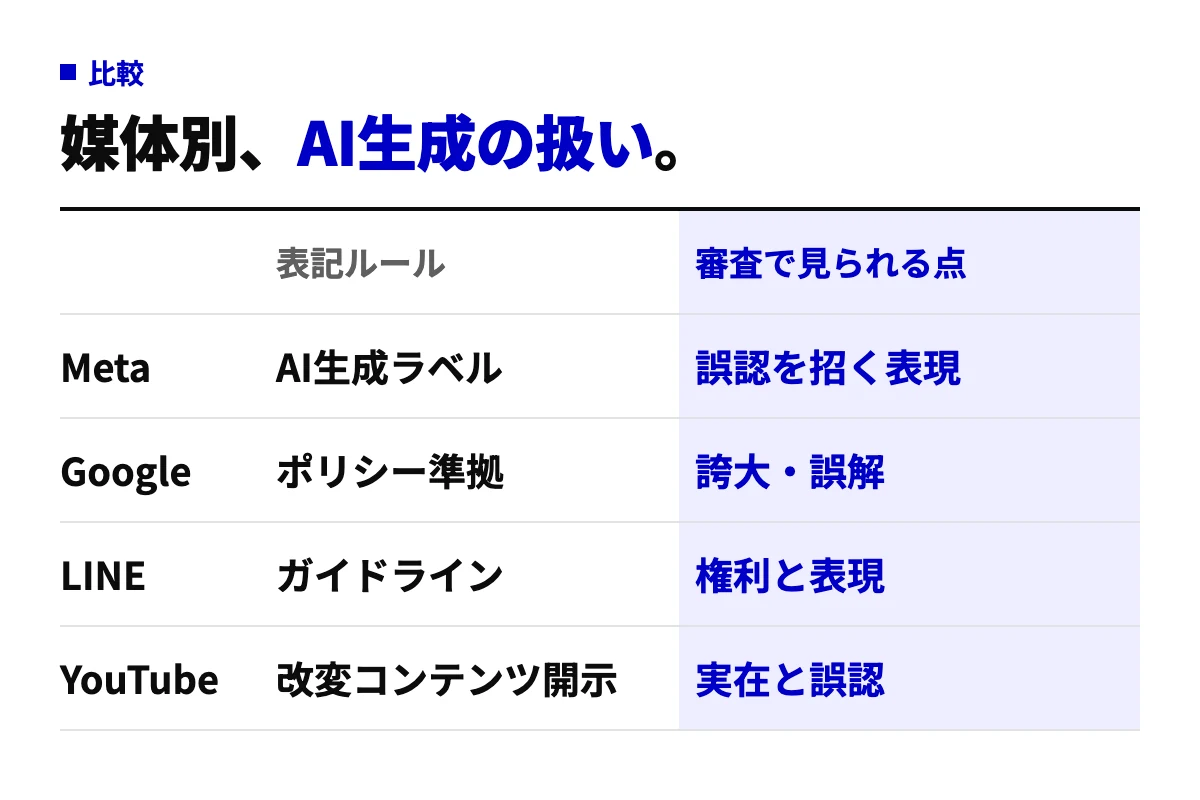 Meta・Google・LINE・YouTubeの広告でAI生成素材の表記ルールと審査で見られる点を並べた表