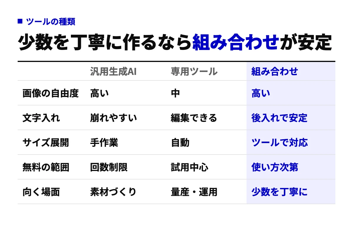 汎用生成AI、バナー専用ツール、両者の組み合わせの3つを、画像の自由度、文字入れ、サイズ展開、無料の範囲、向く場面の5行で比べた比較表。