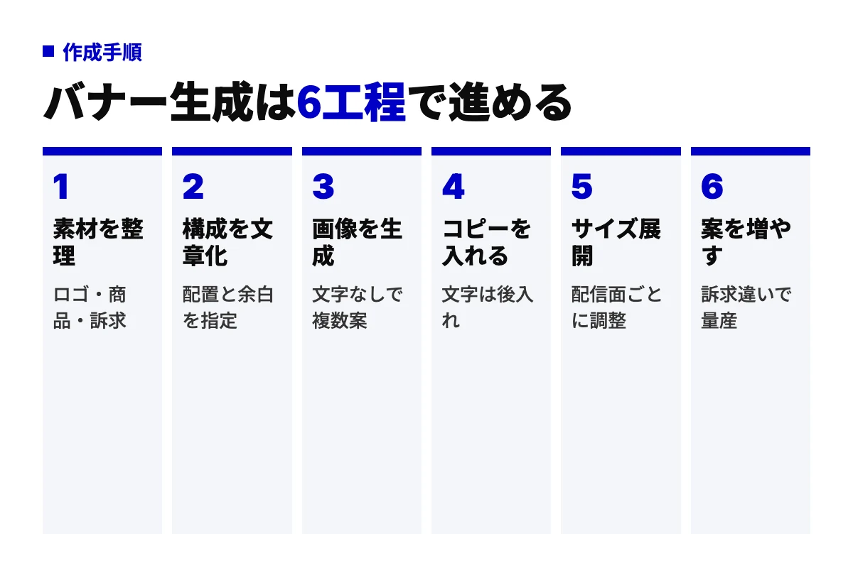生成AIでバナーを作る6工程のフロー図。素材を整理、構成を文章化、画像を生成、コピーを入れる、サイズ展開、案を増やすの順に進む。