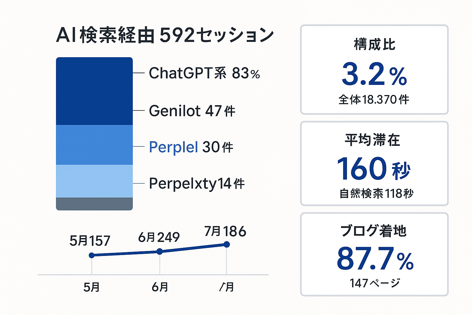 AI検索経由592セッションのサービス別内訳と構成比3.2%、平均滞在160秒、月次推移157→249→186件を示した内訳グラフ