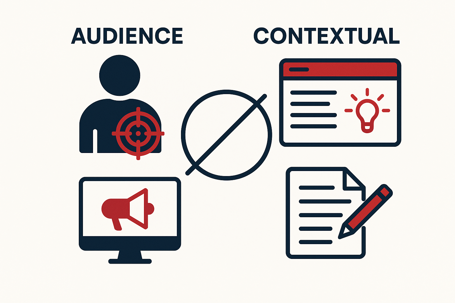 ターゲティング種別：オーディエンス・コンテキストの使い分けのイメージ図