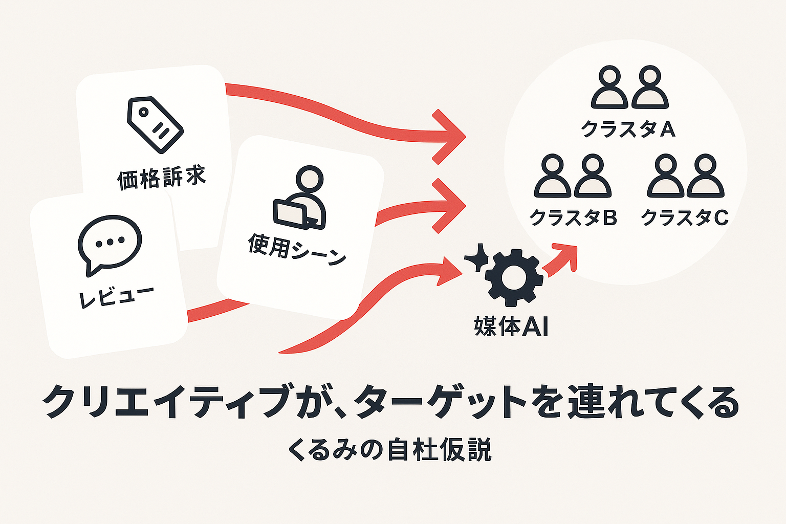 訴求軸の異なる複数クリエイティブが媒体AIを通じて異なるクラスタに届く仮説を表した概念図
