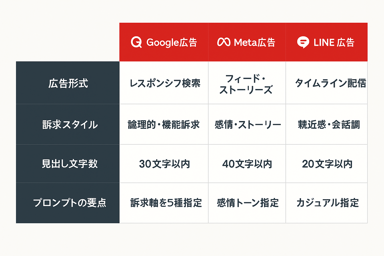 Google広告・Meta広告・LINE広告の3つの広告プラットフォーム別に、ChatGPTでの広告コピー作成時の広告形式、訴求スタイル、文字数制限、プロンプトの要点を比較した表。