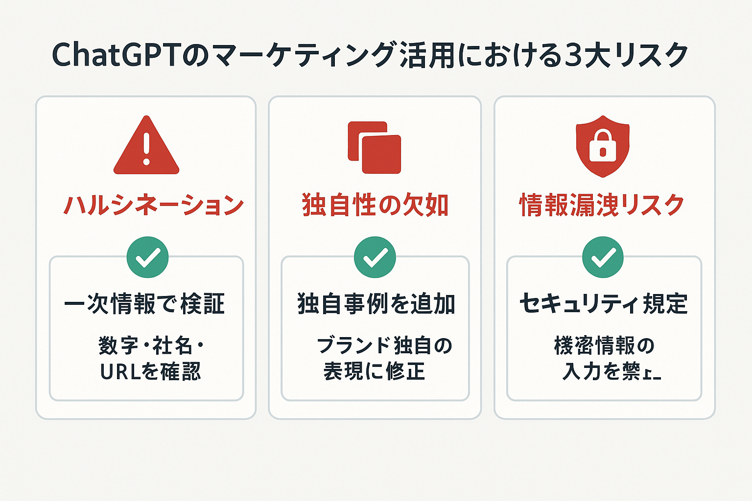 ChatGPTマーケティング活用における3つの主要リスク（ハルシネーション、独自性の欠如、情報漏洩リスク）とそれぞれの対策を示すインフォグラフィック。