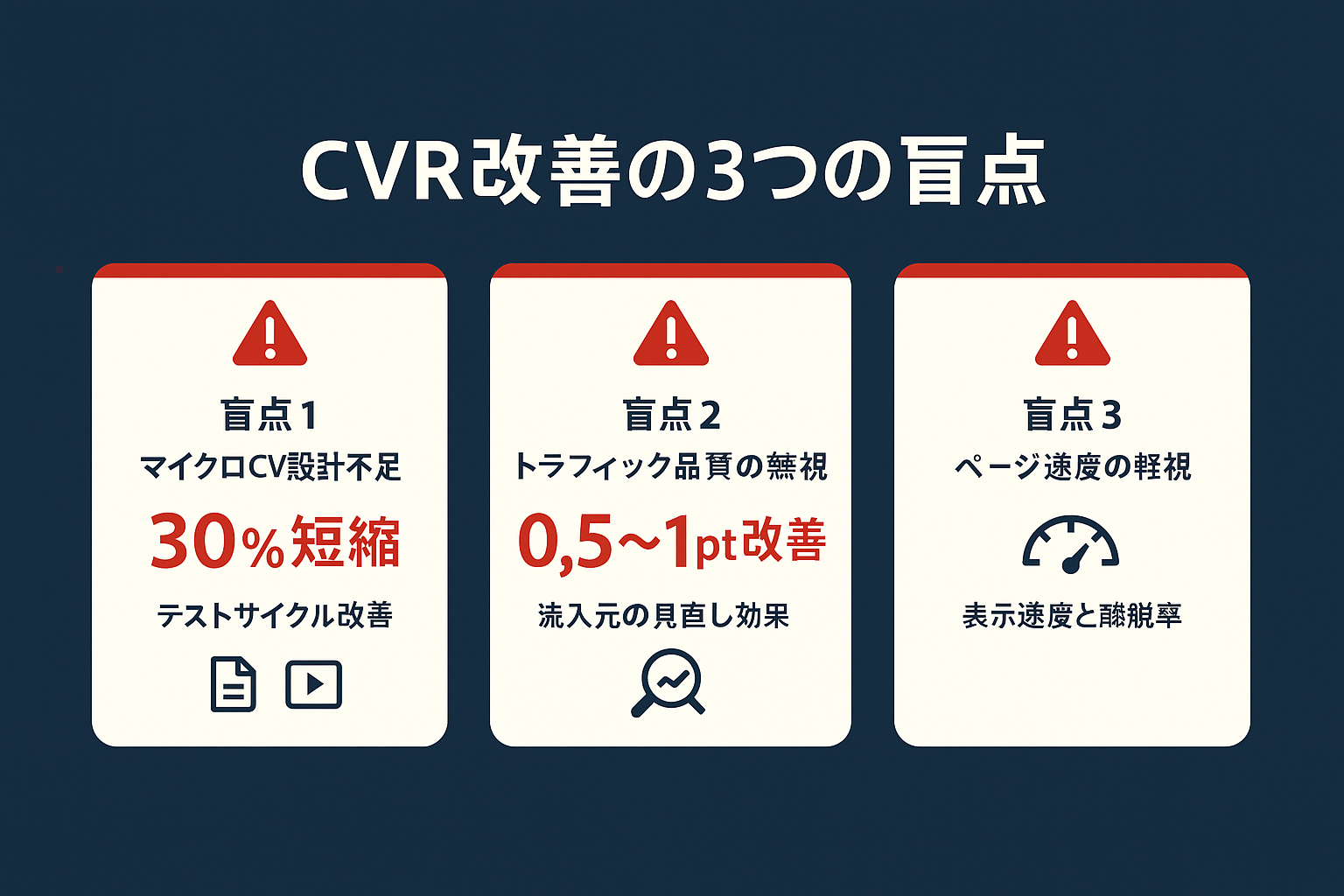 CVR改善の3つの盲点を示すインフォグラフィック。マイクロコンバージョン設計不足によるテストサイクルの非効率、トラフィック品質の無視による低CVR、ページ速度の軽視の3つの問題点をアイコンと数値で解説。