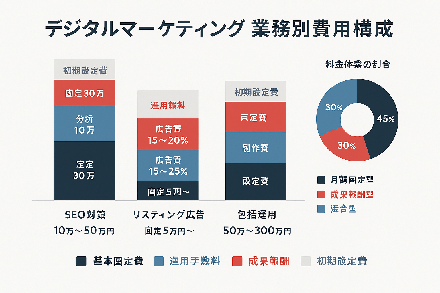 デジタルマーケティングの業務別費用構成を示す積み上げ棒グラフ。SEO対策・リスティング広告・SNS広告・包括運用の4カテゴリについて、基本固定費・運用手数料・成果報酬・初期設定費の4要素を色分けで表示し、各金額レンジを数値ラベルで記載。右上に料金体系の割合を示すドーナツチャートを配置。