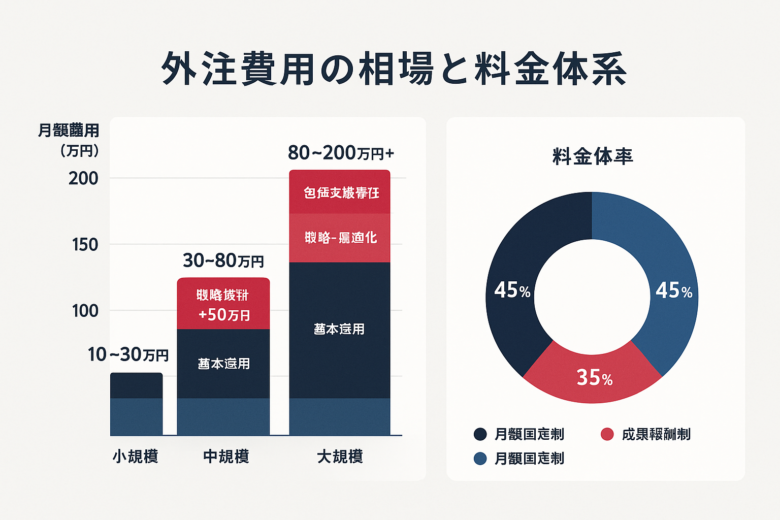 デジタルマーケティング外注費用の規模別相場を示す積み上げ棒グラフ（小規模10〜30万円、中規模30〜80万円、大規模80〜200万円以上）と、月額固定制・成果報酬制・広告費連動制の3つの料金体系を示すドーナツチャート