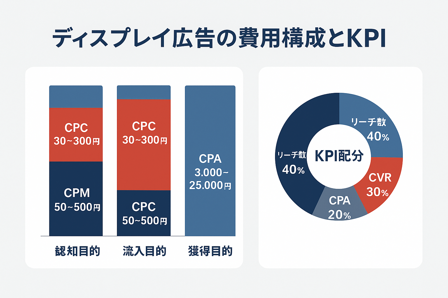 ディスプレイ広告の費用構成を示すインフォグラフィック。左側に認知目的・流入目的・獲得目的の3本の積み上げ棒グラフでCPM・CPC・CPAの費用相場を比較表示。右側にリーチ数・CVR・CPA・ROASの4項目からなるKPI配分のドーナツチャート。