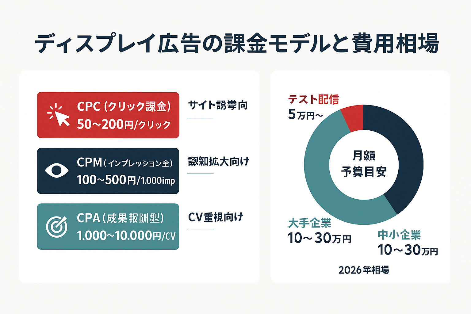 ディスプレイ広告の3つの課金モデル(CPC・CPM・CPA)の費用相場を示す積み上げ棒グラフと、月額予算の目安(テスト配信5万円〜、中小企業10〜30万円、大手企業100〜500万円)を示すドーナツチャートを組み合わせたインフォグラフィック