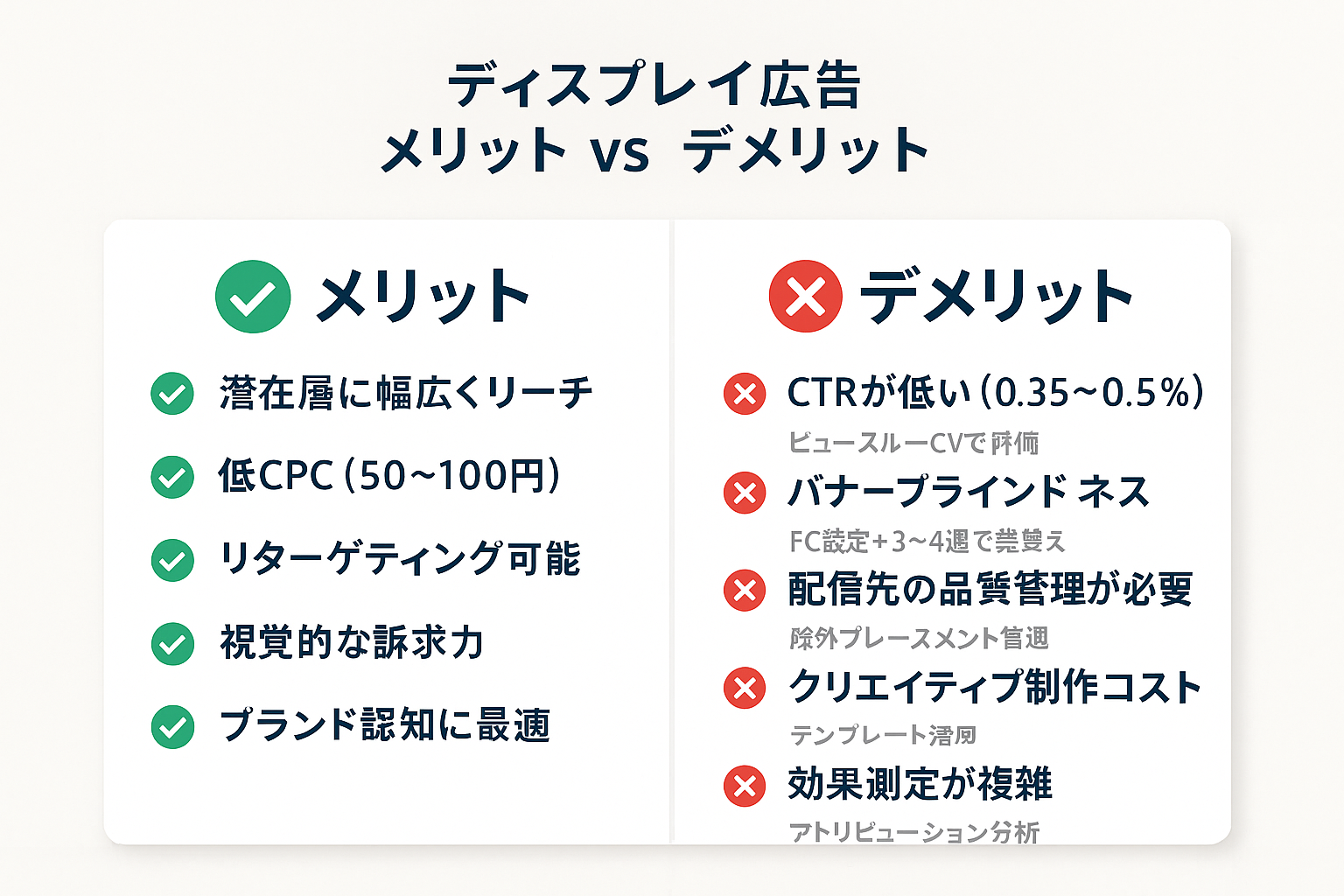 ディスプレイ広告のメリットとデメリットを2列で比較した図。左列にリーチ力や低CPC等の5つのメリット、右列にCTRの低さやバナーブラインドネス等の5つのデメリットとその対処法が記載されている。
