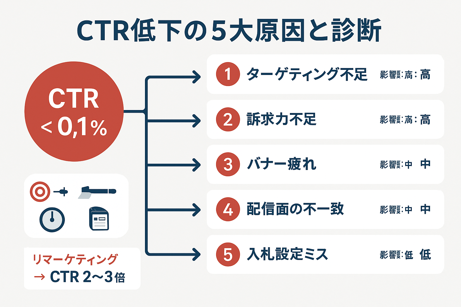 ディスプレイ広告のCTRが低い5つの原因(ターゲティング不足、訴求力不足、バナー疲れ、配信面の不一致、入札設定ミス)を影響度とともに示した診断ダイアグラム。