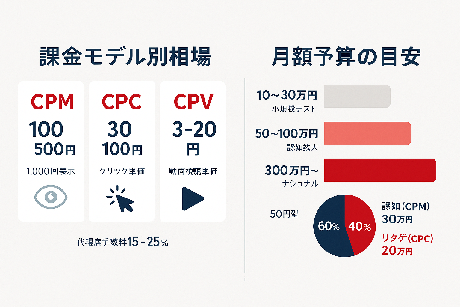 ディスプレイ広告の課金モデル別相場（CPM100〜500円、CPC30〜100円、CPV3〜20円）と月額予算目安（10万〜300万円以上）、予算配分例を示したインフォグラフィック