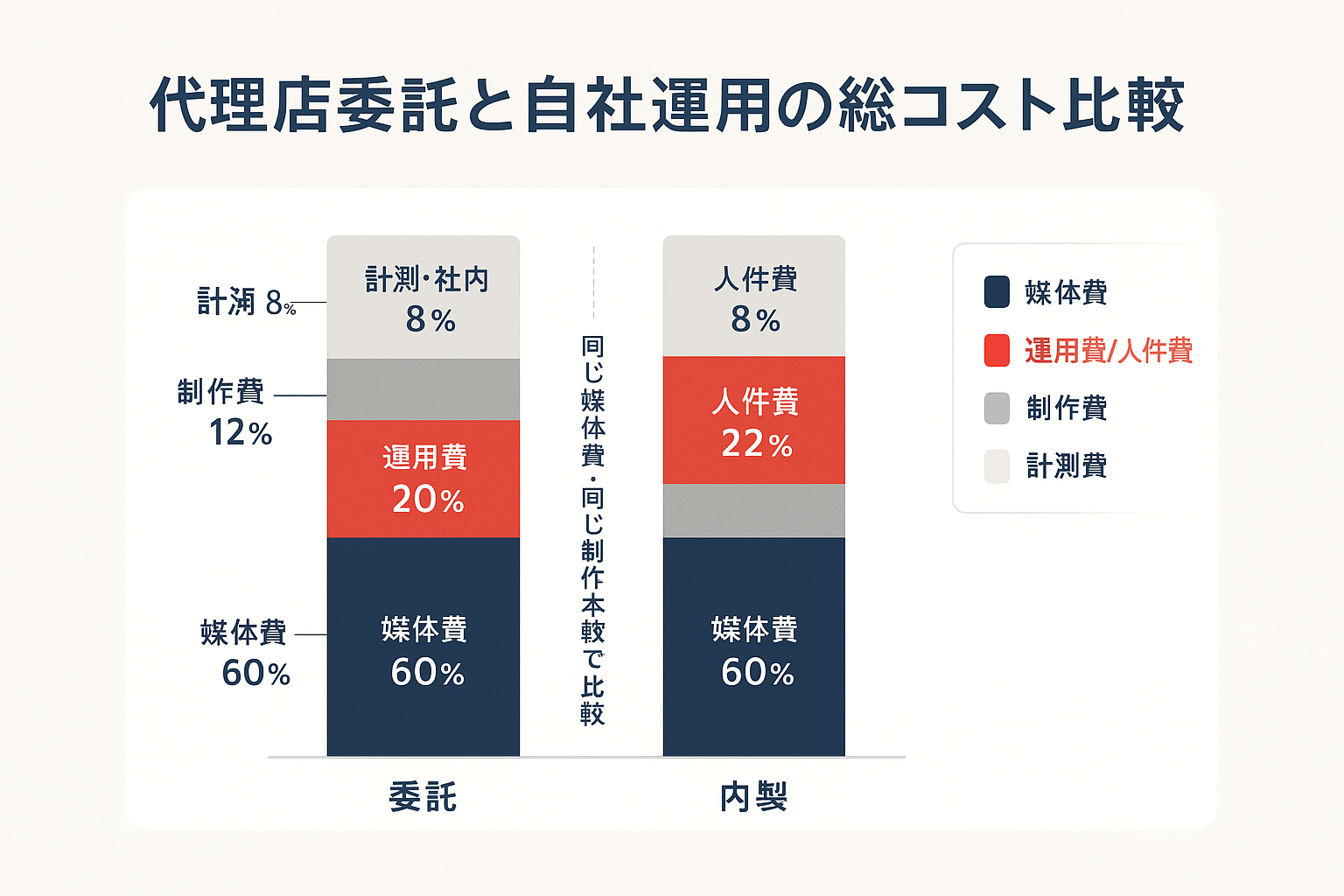 委託と内製の総コストを媒体費・運用費・制作費・計測費の4項目で積み上げ棒グラフにより比較した内訳図