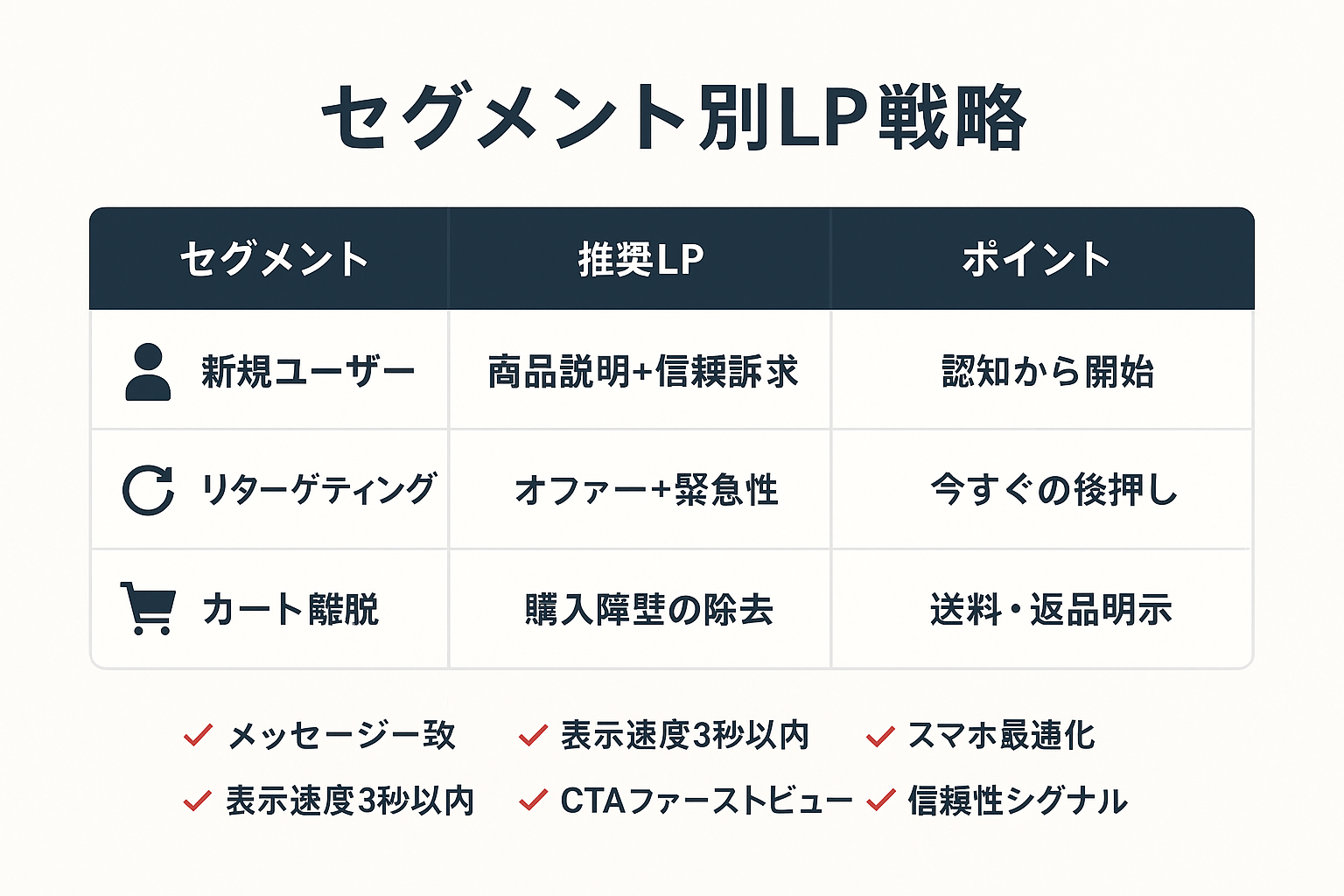 CVR改善のためのセグメント別LP戦略の比較表。新規ユーザー・リターゲティング・カート離脱の3セグメントに対する推奨LPタイプとポイントを整理し、下部にCVR改善チェックリスト5項目（メッセージ一致・表示速度・スマホ最適化・CTAファーストビュー・信頼性シグナル）を表示。