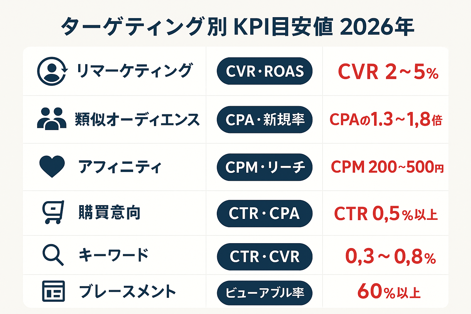 ディスプレイ広告の6種類のターゲティング別に主要KPIと2026年の目安値をまとめたインフォグラフィック
