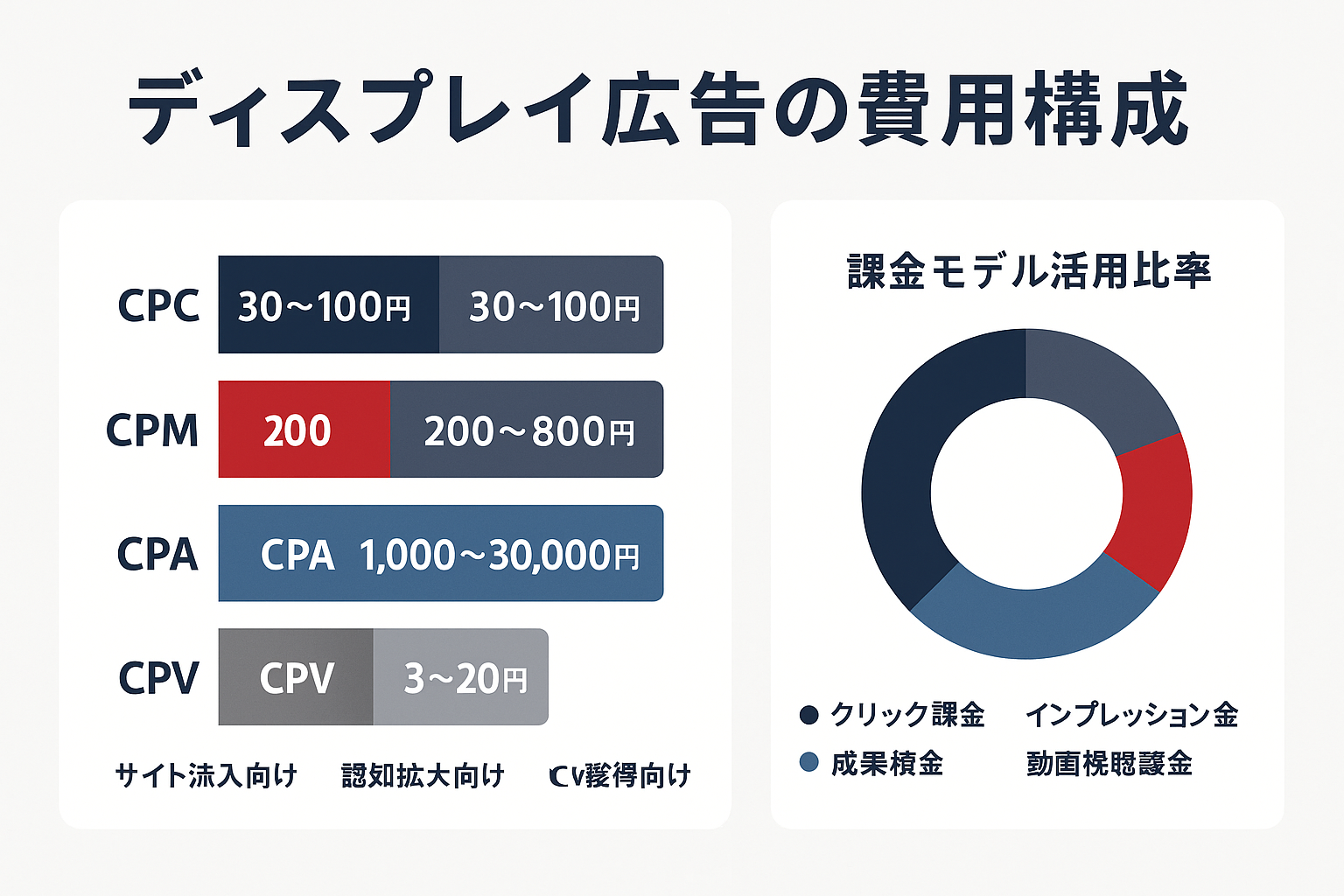 ディスプレイ広告の4つの課金モデル（CPC・CPM・CPA・CPV）の費用相場を示す積み上げ棒グラフと、各課金モデルの活用比率を表すドーナツチャートを組み合わせた費用構成の内訳図