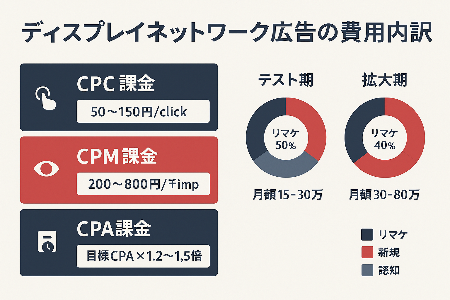 ディスプレイネットワークの費用構成を示すインフォグラフィック。左側にCPC課金（50〜150円）、CPM課金（200〜800円/千imp）、CPA課金の3つの課金方式を積み上げバーで表示。右側にテスト期（月額15〜30万円）と拡大期（月額30〜80万円）の予算配分をドーナツチャートで示し、リマーケティング・新規・認知の比率を色分けしている。