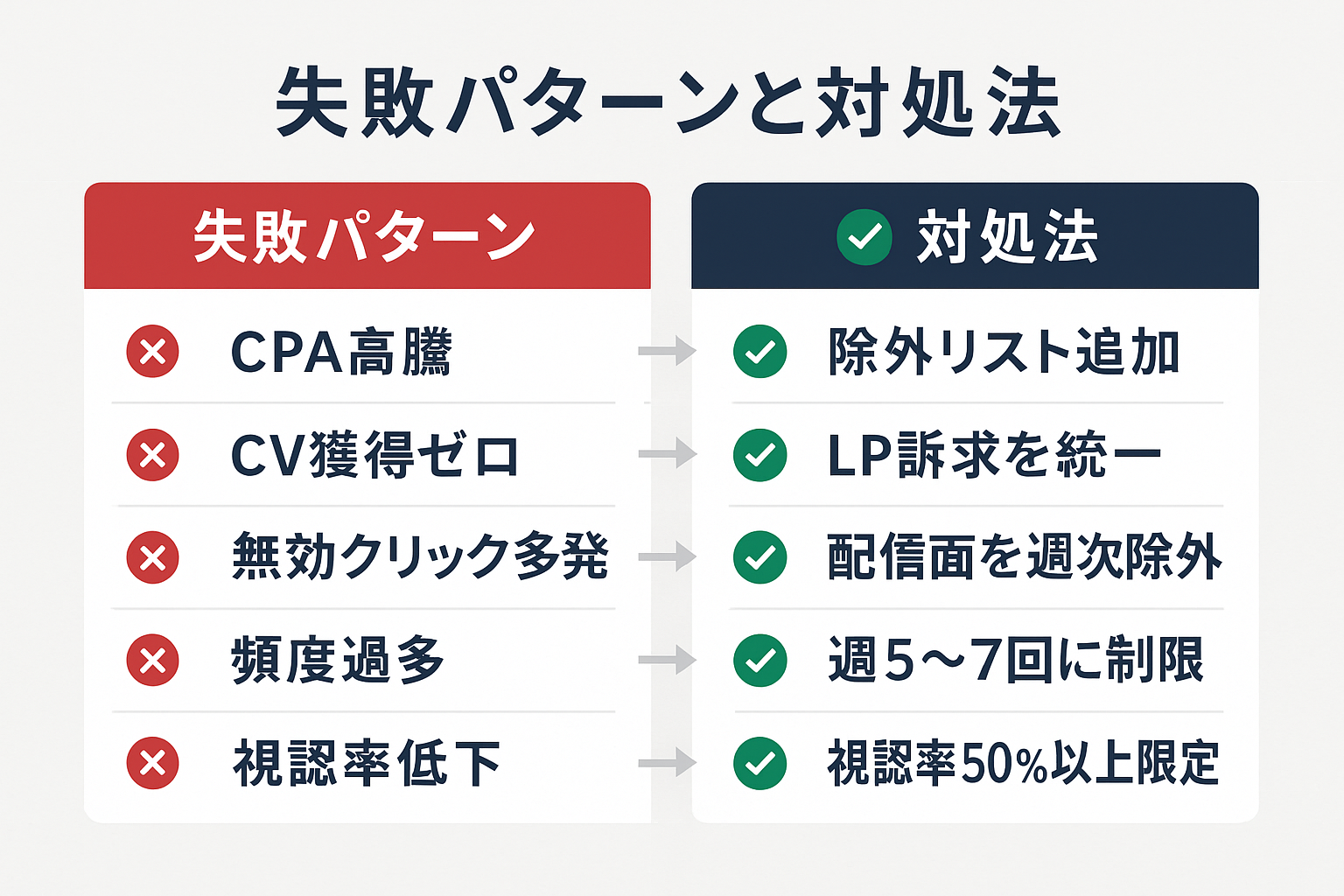 ディスプレイネットワーク運用における5つの失敗パターン（CPA高騰、CV獲得ゼロ、無効クリック、頻度過多、視認率低下）とそれぞれの対処法を左右に並べたインフォグラフィック
