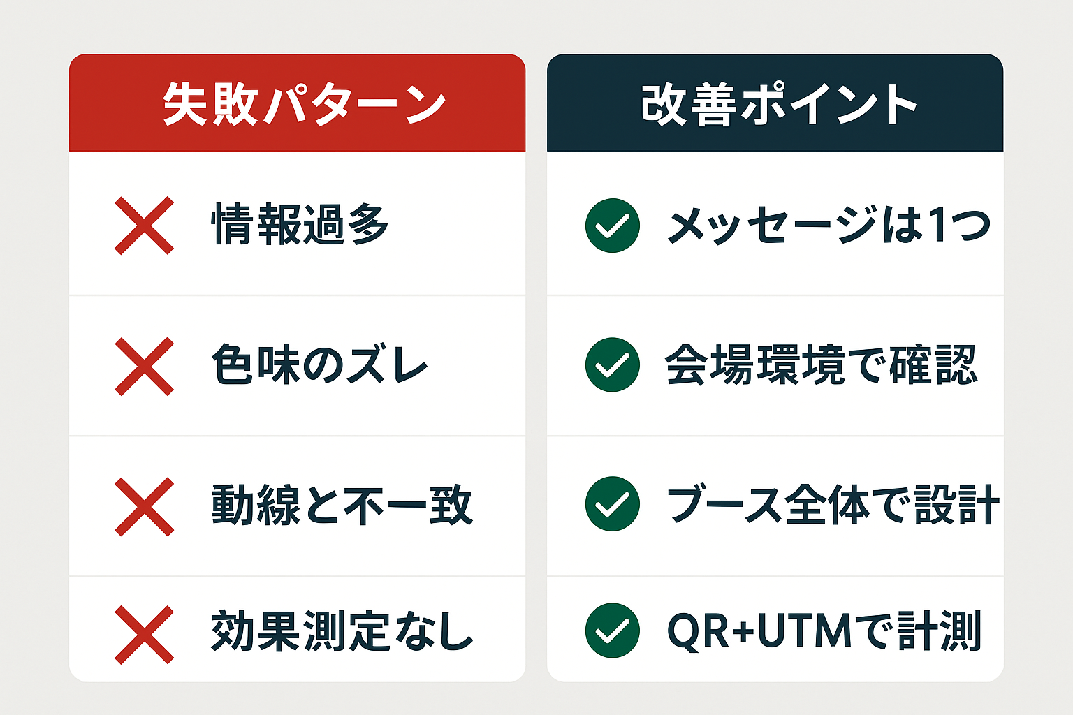 布ディスプレイ活用でよくある4つの失敗パターンと改善ポイントを対比した比較図