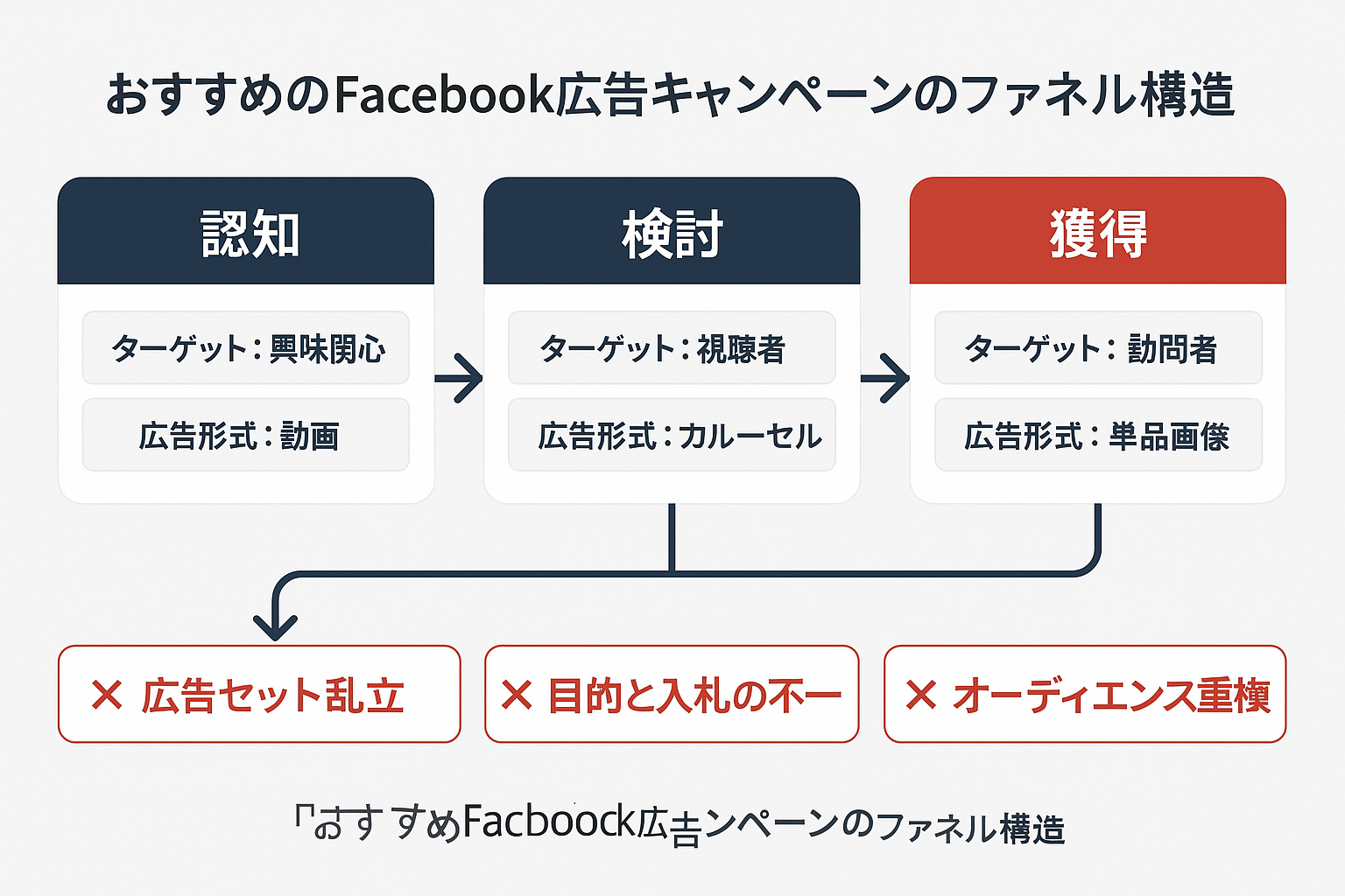 Facebook広告のファネル別キャンペーン構造を示すフローチャート。認知・検討・獲得の3段階と、避けるべき設計ミス3つを図解