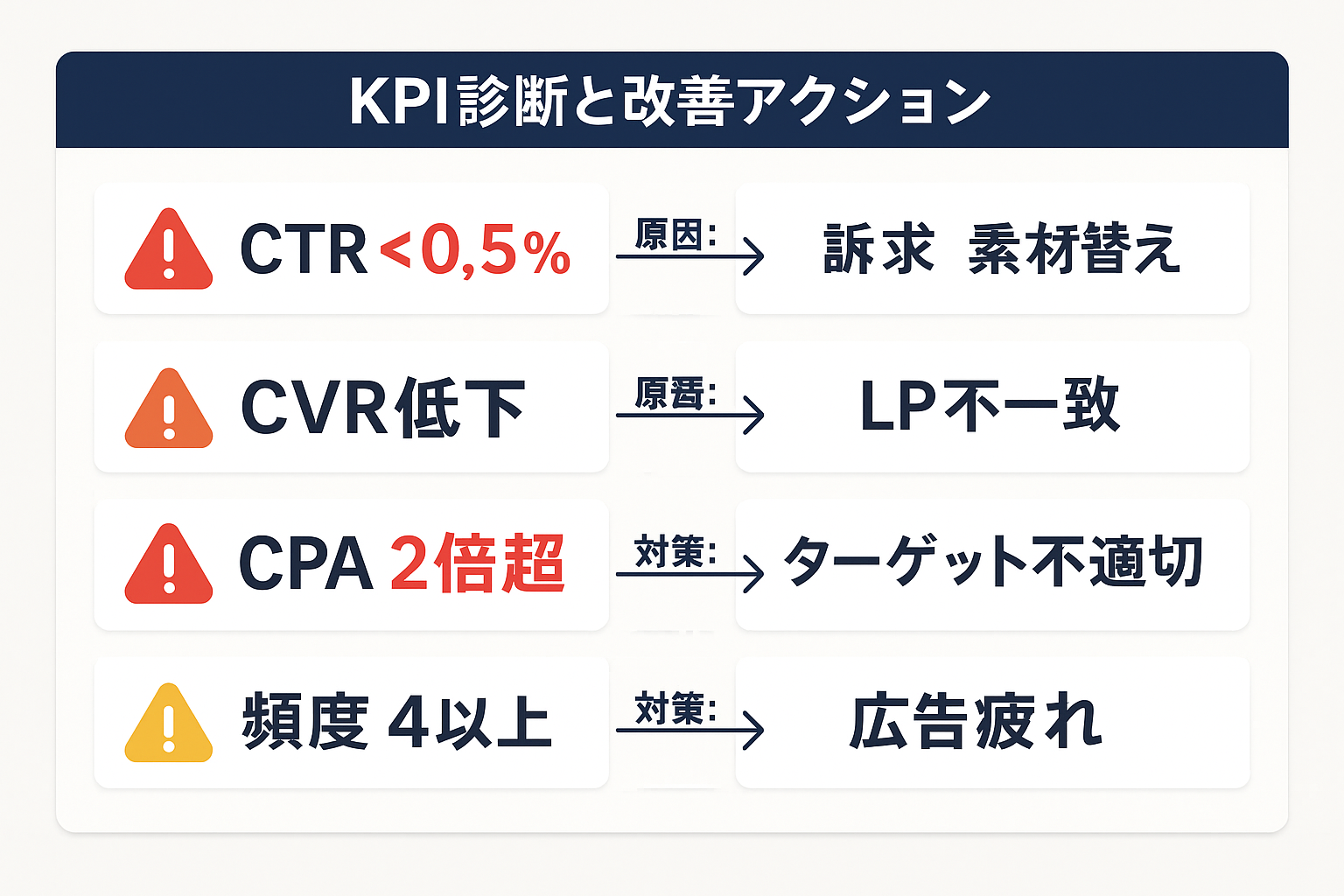 Facebook広告のKPI診断チャート。CTR低下・CVR低下・CPA高騰・フリークエンシー過多の4症状について原因と対策を図解