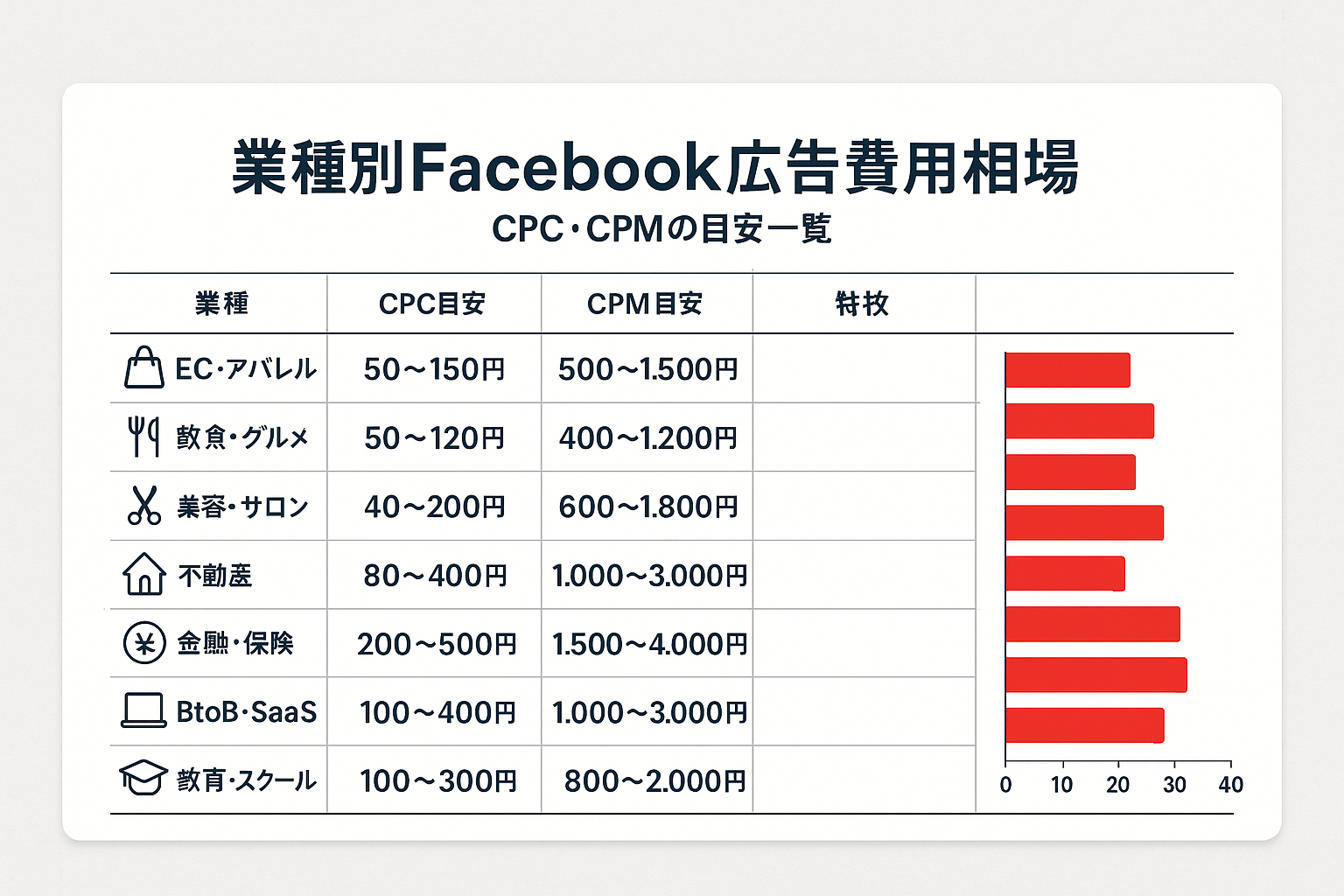 Facebook広告の業種別費用相場を比較した表。EC・アパレル、飲食、美容、不動産、金融・保険、BtoB・SaaS、教育の7業種のCPCとCPM目安をアイコン付きで一覧表示している。