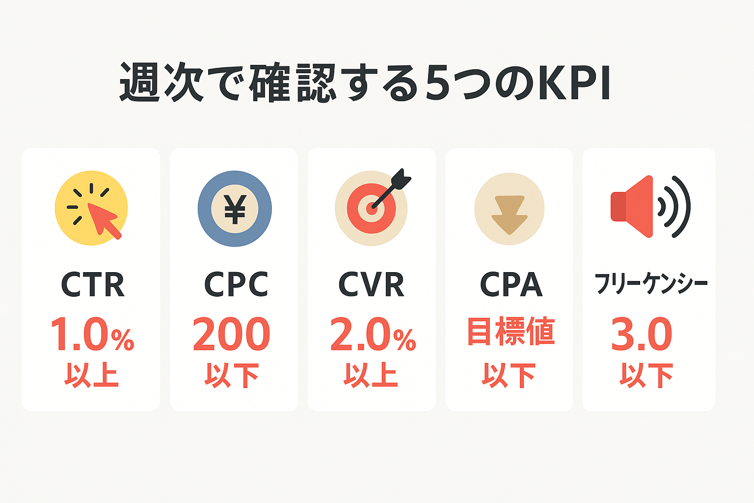 Facebook広告で週次確認すべき5つのKPIと良好ラインをまとめたインフォグラフィック