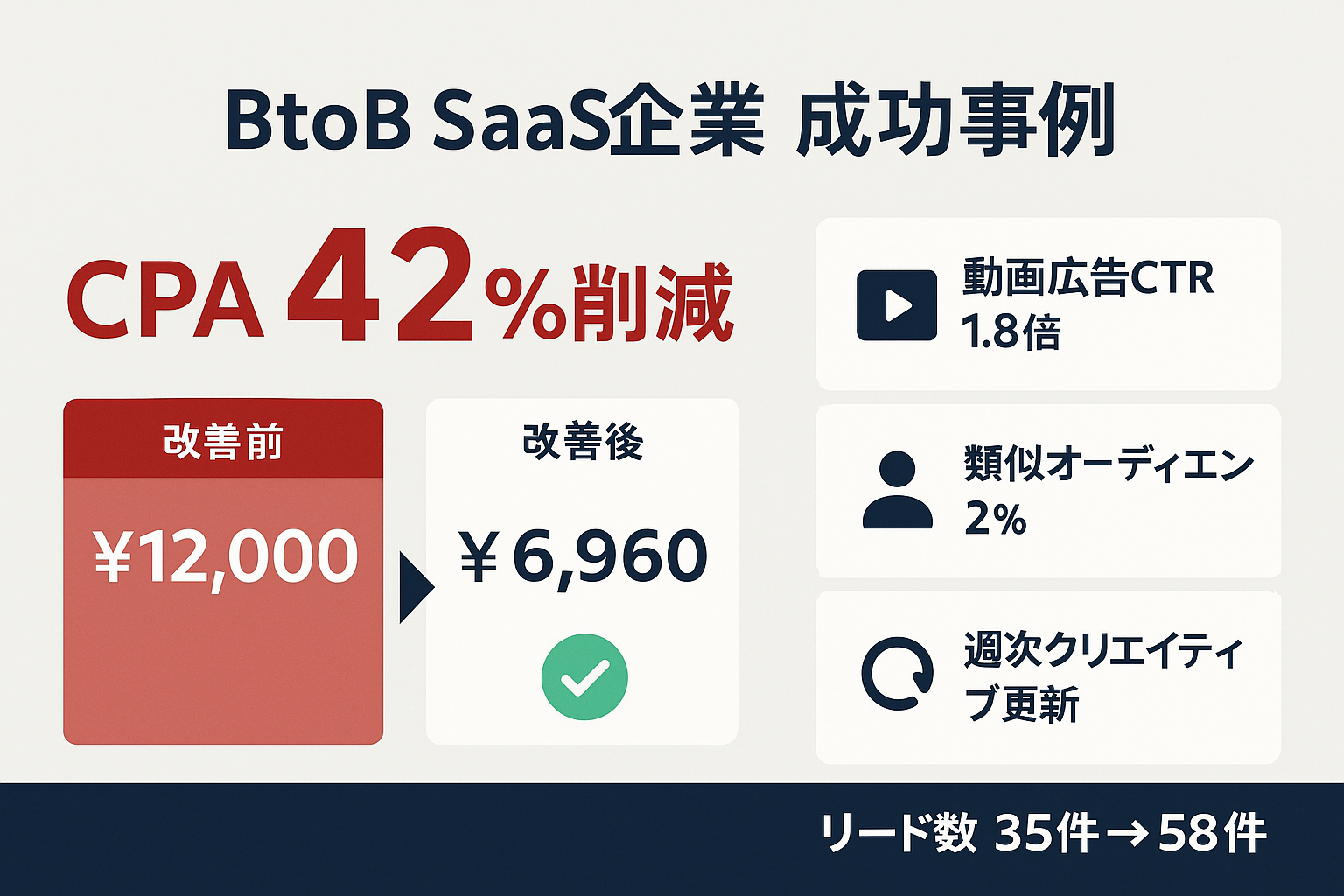 BtoB SaaS企業のFacebook広告成功事例でCPAを42%削減し12,000円から6,960円に改善した結果を示すデータハイライト