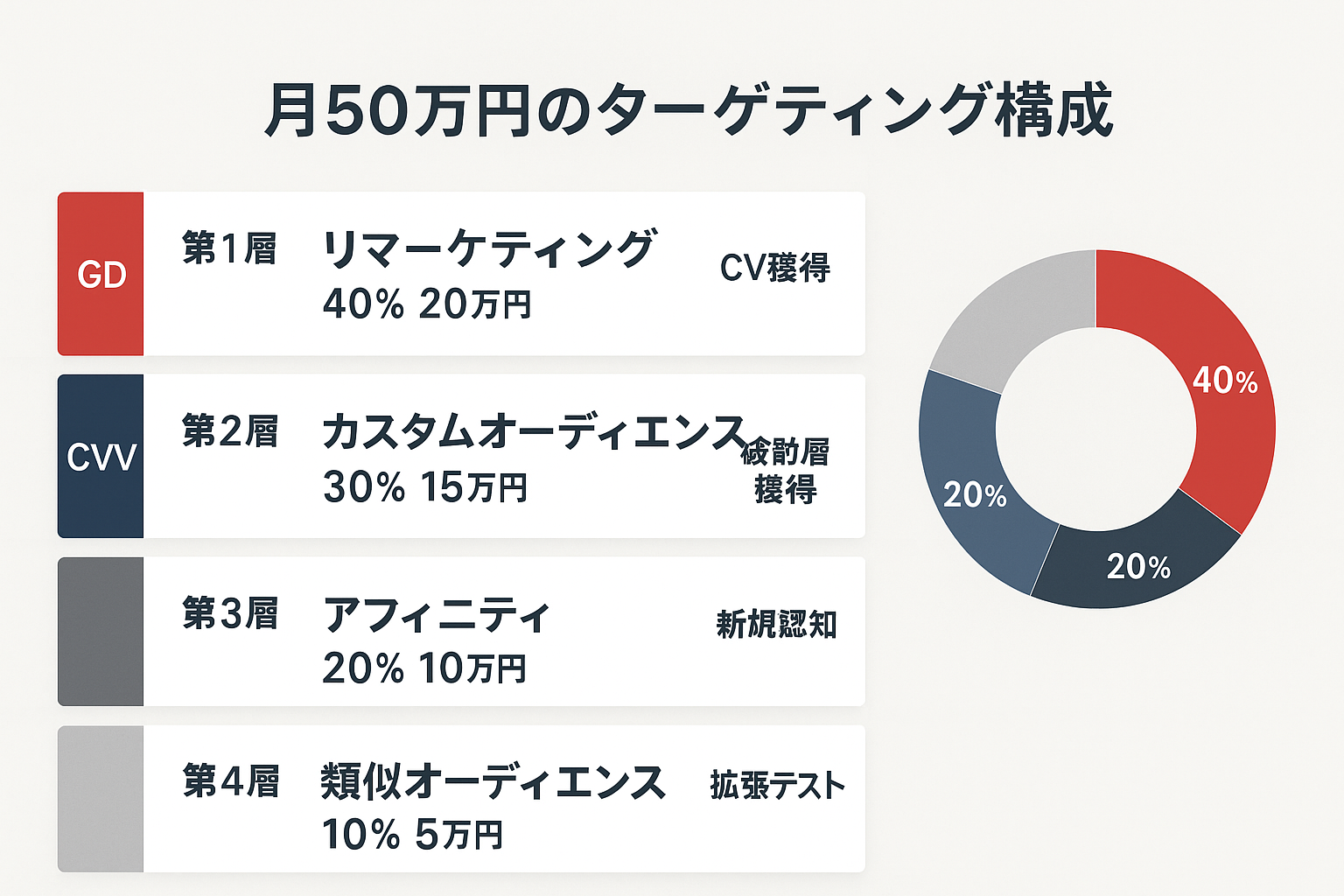 GDN動画広告のターゲティング戦略を示すインフォグラフィック。月50万円の予算を4層に分け、リマーケティング40%、カスタムオーディエンス30%、アフィニティ20%、類似オーディエンス10%の配分を円グラフと横棒で表示。