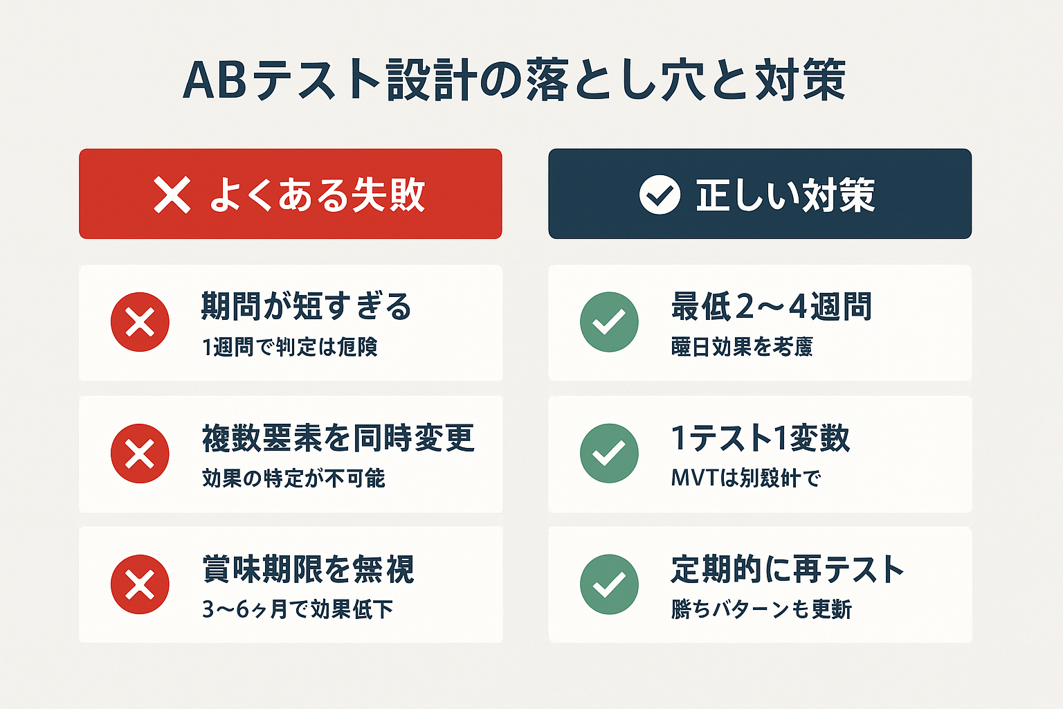 ABテスト設計の3つの落とし穴と対策を示す図。短すぎるテスト期間、複数要素の同時変更、勝ちパターンの賞味期限無視という失敗例と、それぞれの正しい対策を左右に並べて表示