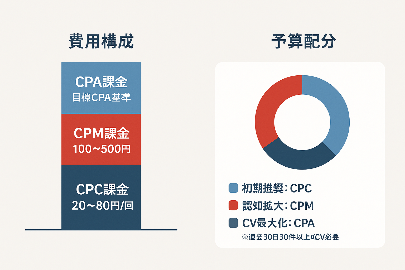 Google広告ディスプレイ広告の費用構成内訳図。CPC課金（20〜80円）、CPM課金（100〜500円）、CPA課金（目標CPA基準）の3つの課金方式を積み上げ棒グラフとドーナツチャートで比較表示。