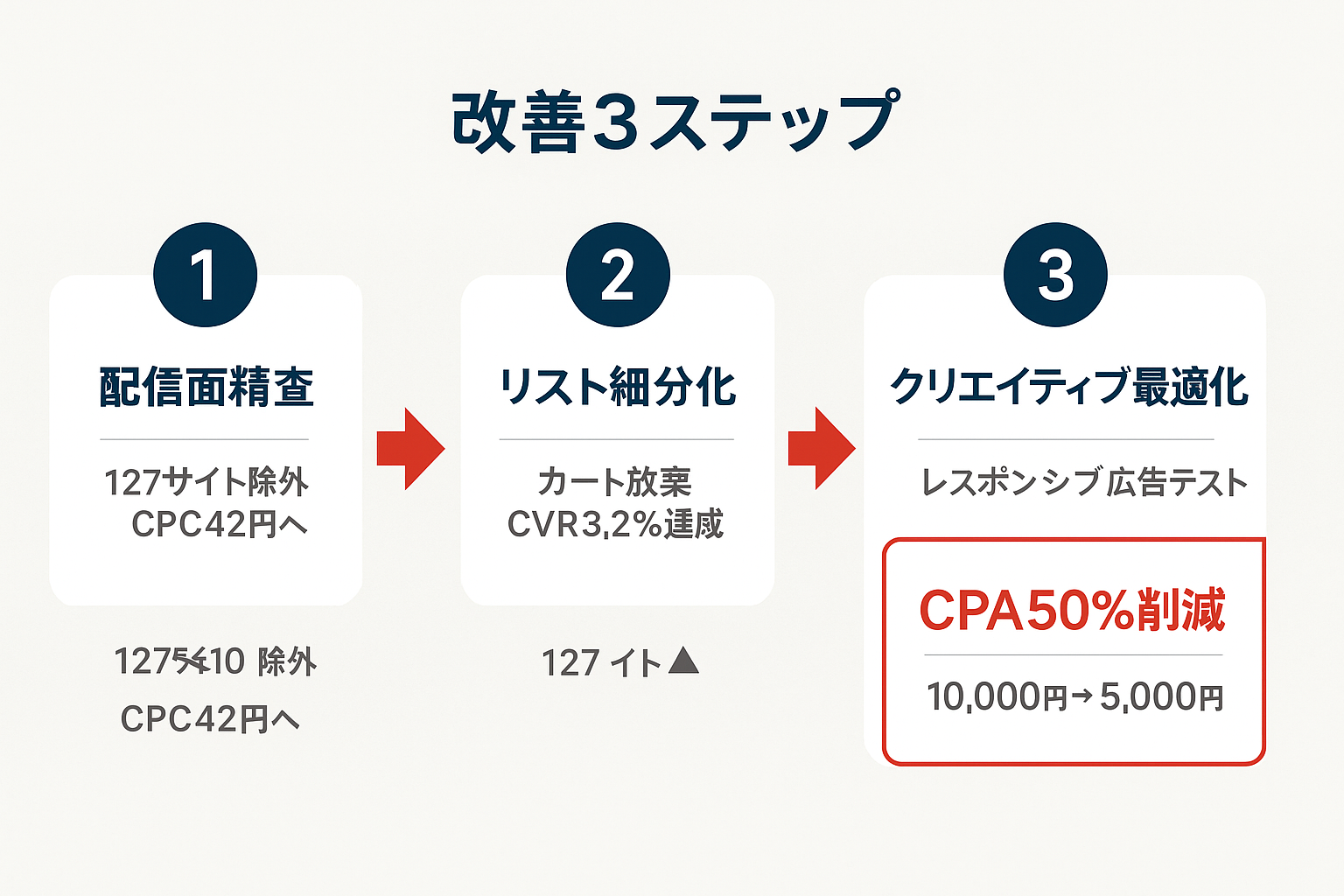 GDN運用改善の3ステップフローチャート。配信面精査、リマーケティングリスト細分化、クリエイティブ最適化の順にCPA50%削減（10,000円から5,000円）を達成した流れを図示。