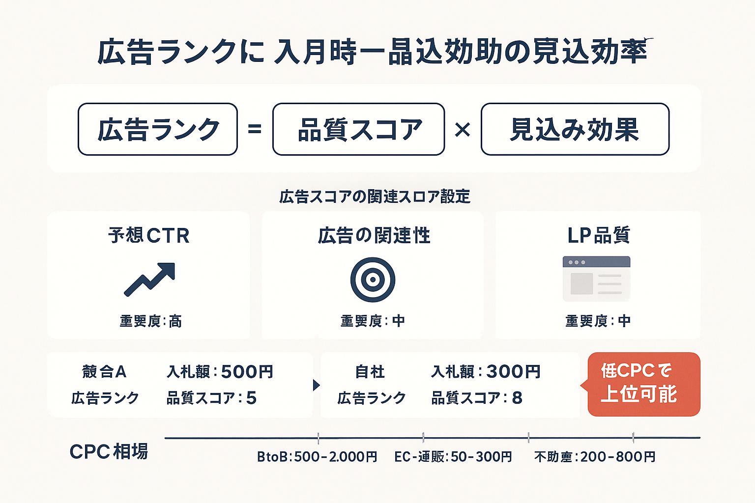 Google広告のCPC決定の仕組みを示す図。広告ランクの計算式（入札額×品質スコア×見込み効果）、品質スコアの3要素（予想CTR・広告の関連性・LP品質）、および競合との比較例とCPC相場を表示。