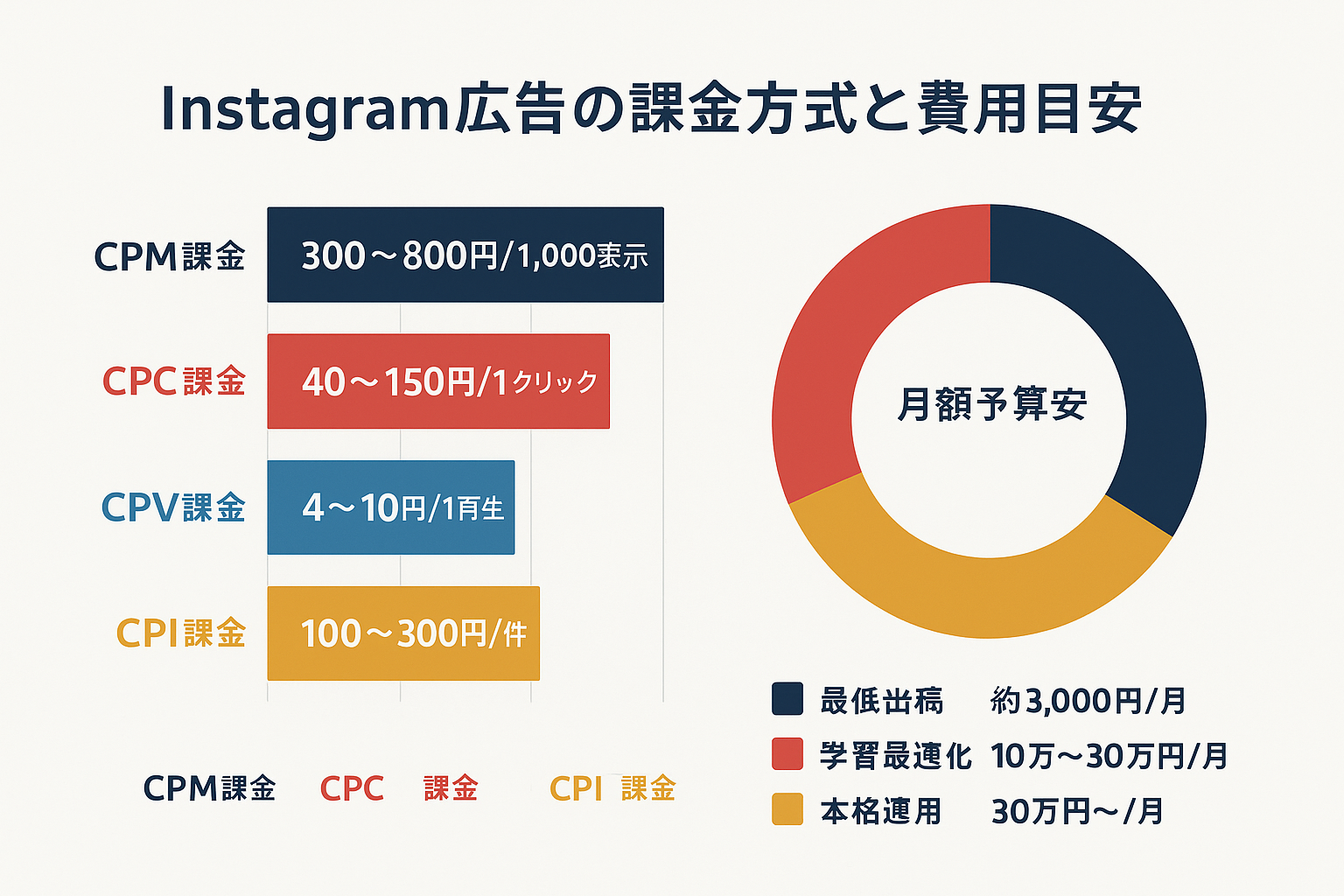 Instagram広告の4つの課金方式（CPM・CPC・CPV・CPI）の費用目安を示す積み上げ棒グラフと、月額予算の配分を示すドーナツチャートのインフォグラフィック