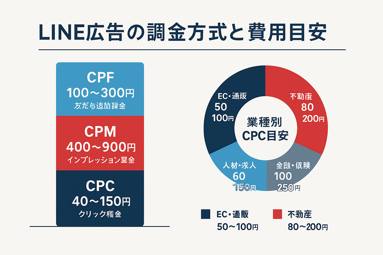 LINE広告の課金方式(CPC・CPM・CPF)の費用目安を積み上げ棒グラフで示し、業種別CPC目安をドーナツチャートで表示したインフォグラフィック